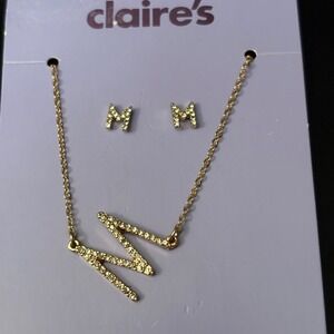 NWT Claires Gold‎ Initial M Necklace and Earrings Set Rhinestone Letter Jewelry